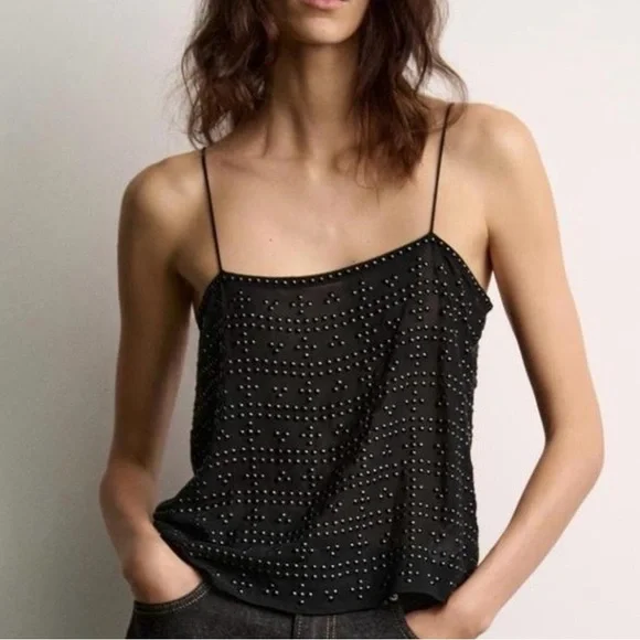 ZARA Sheer Studded Lace-Up Back Camisole Top Black | Sexy Night Out Party Top M - Picture 2 of 7